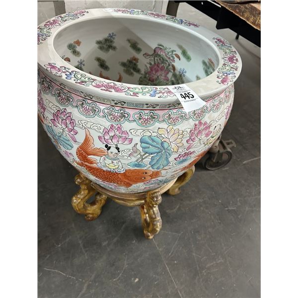 Large Oriental Painted Fish Bowl w/Stand