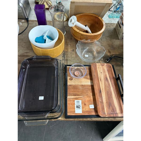Wood Cut Boards, Glass Bake Trays Wooden Bowls, Vases