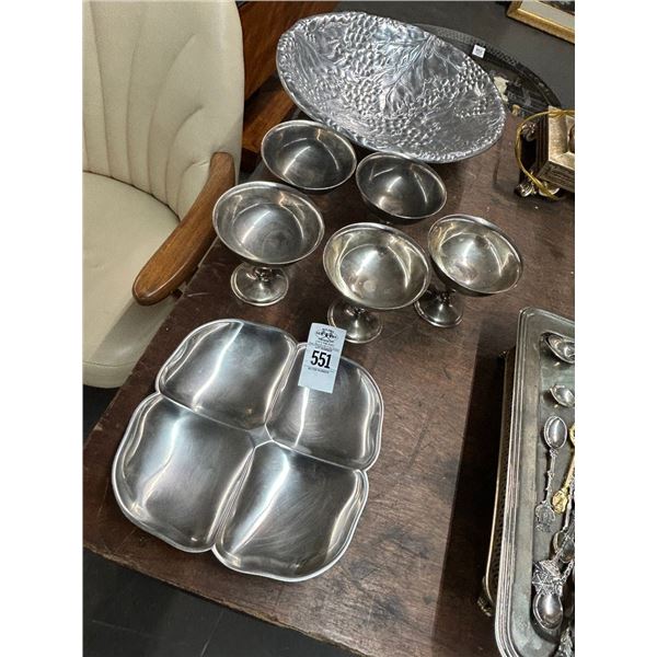 Ornate Cast Bowl, Divided Dish, Goblets