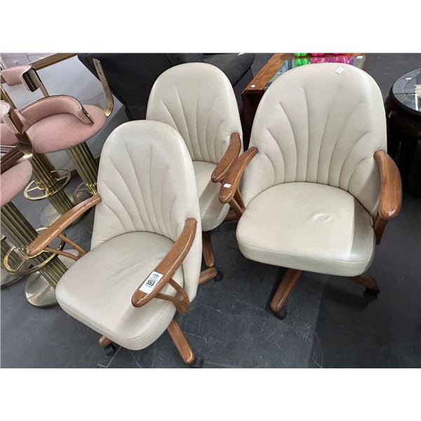 Beige Leather Padded Oak Trim Archairs - Set of 3