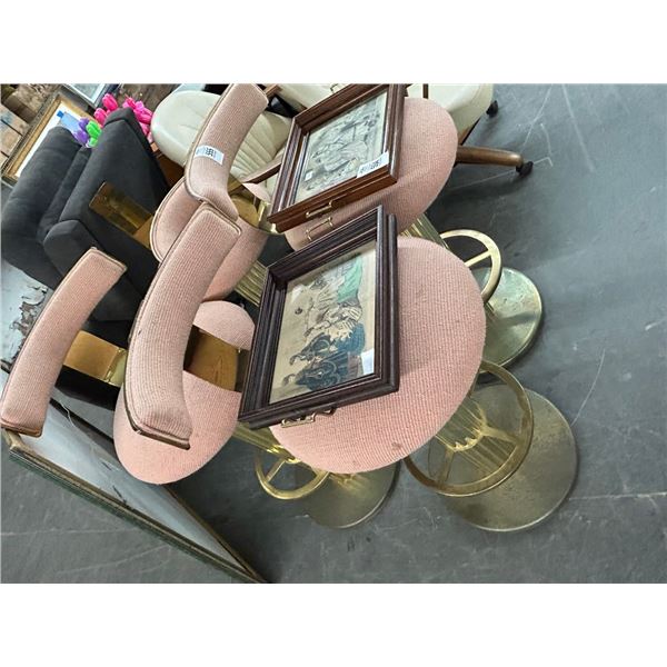 Vintage Brass Base Swivel Mauve Padded Bar Stools - Set of 4 - One Needs Bolts