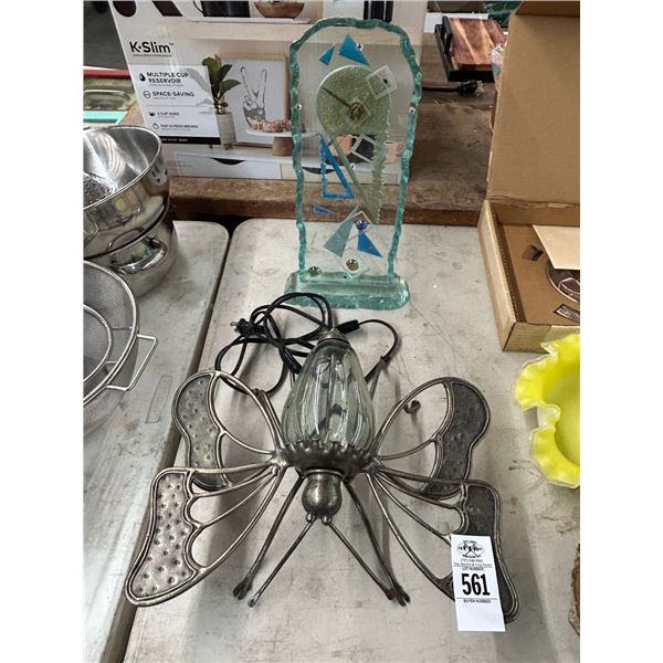 Butterfly Lamp, Art Glass Mantle Clock