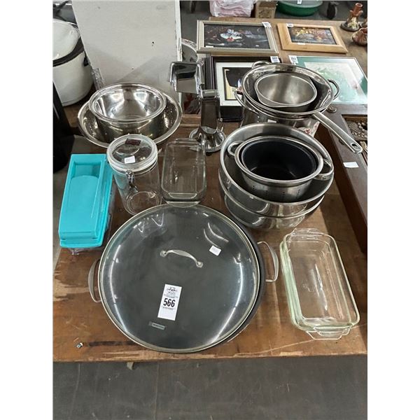 Grinder, Asst. Cookware, Mixing Bowls, Stock Pot, Braising Pan, Pyrex