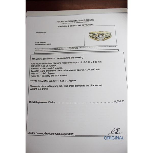 14K YG Diamond Ring w/One Round Cut Diamond and 10 Cut Diamonds 3.8G Prong