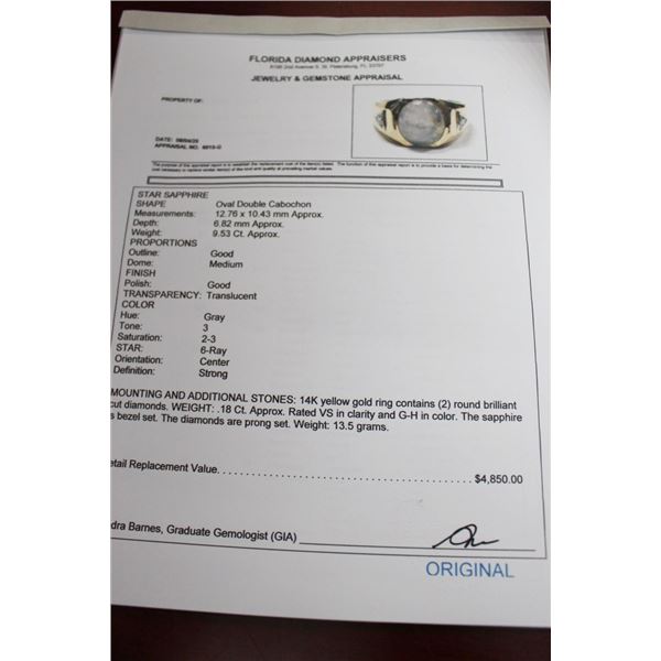 14K YG Ring w/2 Round Cut Diamonds and Oval Double Cabochon Star Shaped