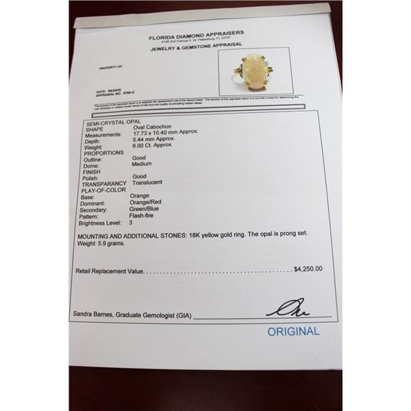 18K YG Ring w/Oval Cabochon Shaped Semi Crystal Opal Prong Set 5.9G. - Replacement