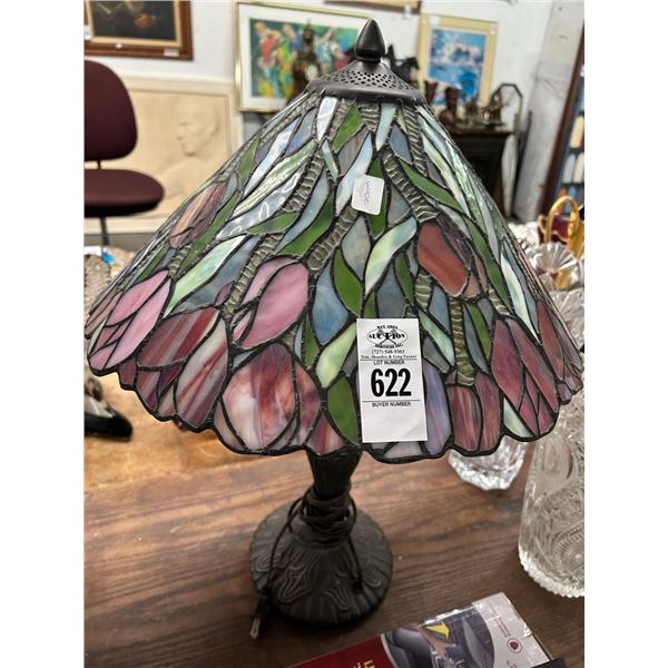 Bronze Base Floral Leaded Glass Lamp