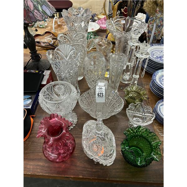 Asst. Pressed Crystal Vases, Baskets, Candlesticks, Hob Nail Vases