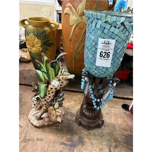 Fitz Floyds Leopard Figurine, Art Glass Candlestick