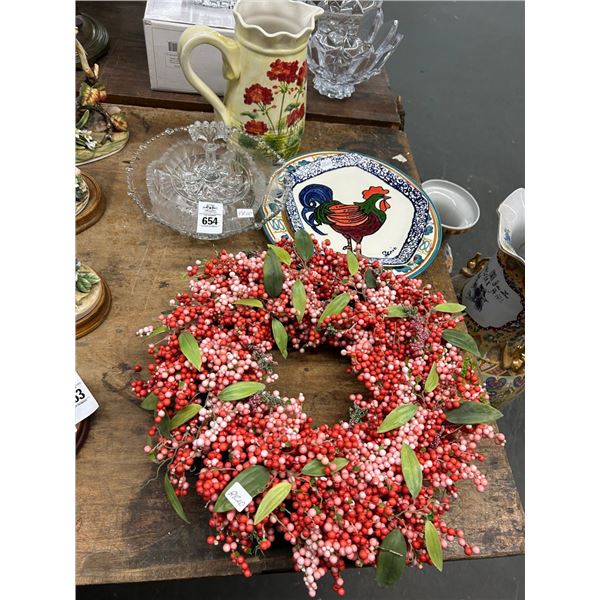 Berry Wreath, Etched Dish, Pressed Bowl, Floral Pitcher, Rooster Serving Plates