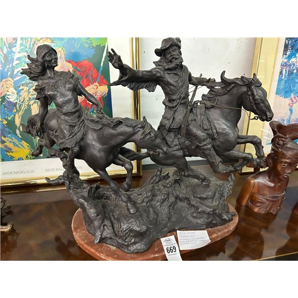 Bronze American Sculpture w/Mountain Man, Indian Woman by Hazak