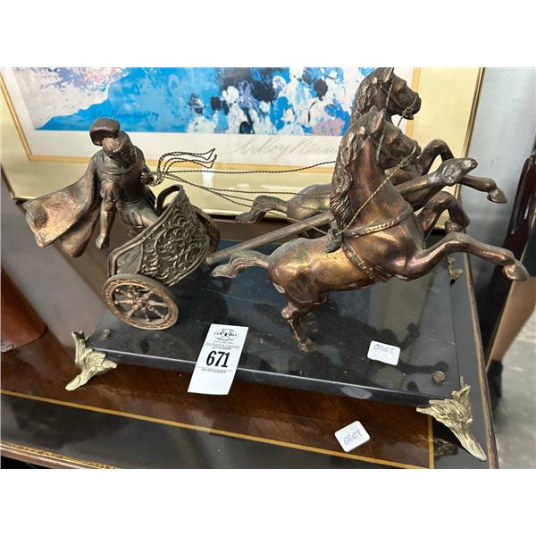 Cast Brass Ben Hur Style Charriot w/Horse On Cast Brass Stand