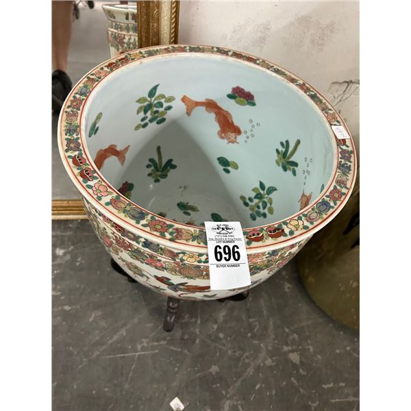 Ornate Oriental Fish Bowl on Mahogany Stand