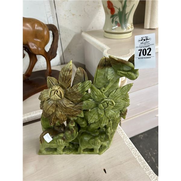 Carved Jade Elephants w/Birds/Palms - 14"