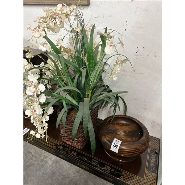 Silk Floral, Carved Wood Bowl