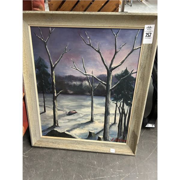Framed Oil On Board Winter Forest Scene - Signed Setter