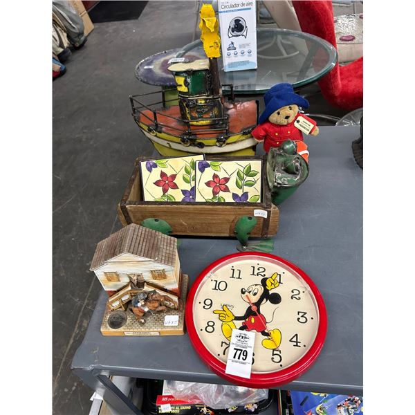 Mickey Wall Clock, Turtle Basket, Metal Tug Boat, Paddington Bear, Lionstone Figure