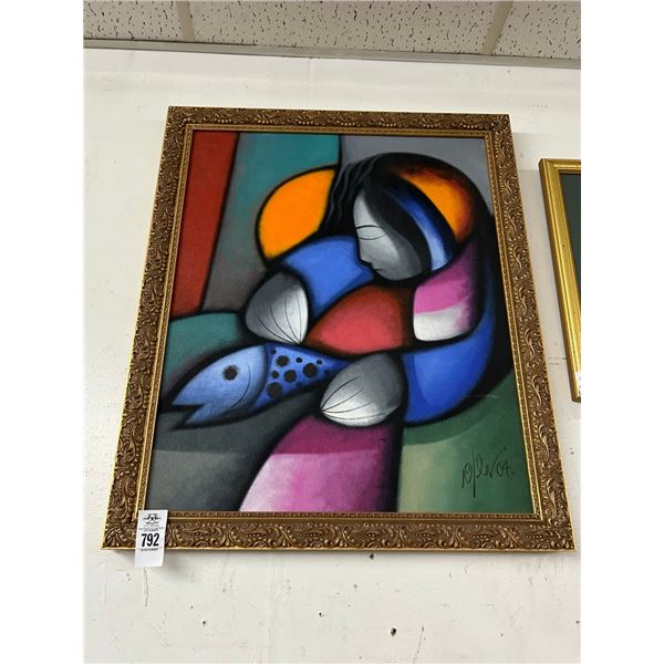 Framed Oil on Canvas Wall Art of Girl w/Fish - Artist Signed - 24"  X  36"