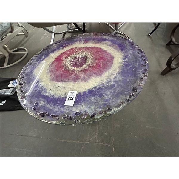 Glazed Cast Base Art Glass Round Top Table - Artist Signed (Has A Crack)