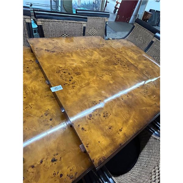 Large Burl Double Pedestal Dining Table w/Leaf and 10 Chairs