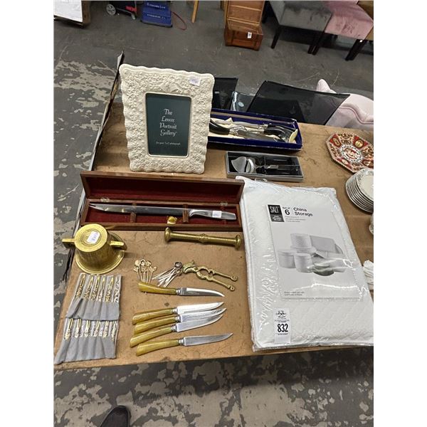 Lenox Photo Frame, Bone Handle Utensils, Brass/China Storage Bins