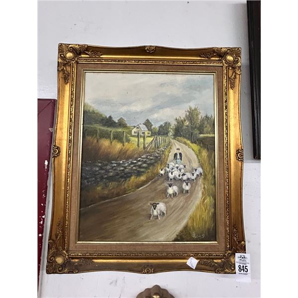 Framed Oil on Canvas Herding Sheep - Signed Schmidt
