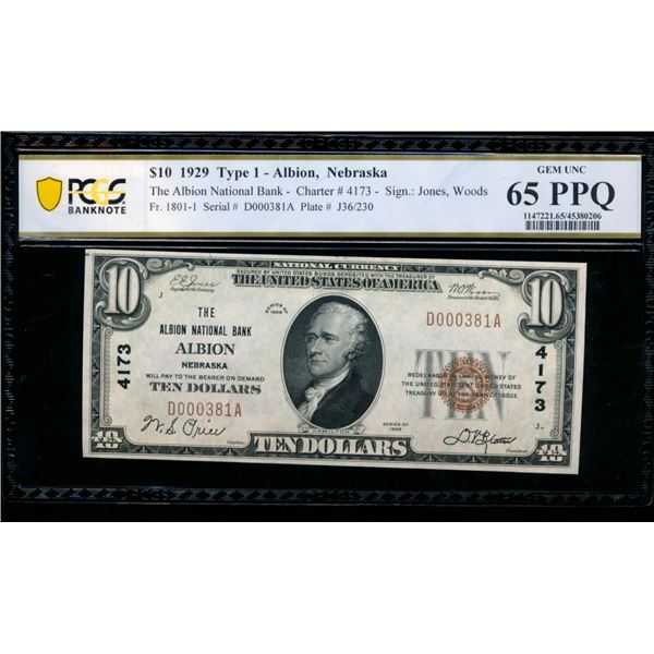 1929 $10 Albion NE National PCGS 65PPQ