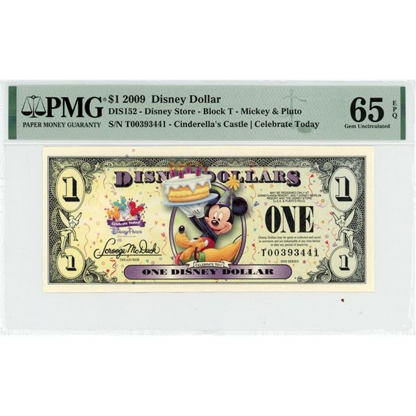 2009 $1 Mickey and Pluto Disney Dollar PMG 65EPQ