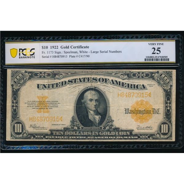 1922 $10 Gold Certificate PCGS 25