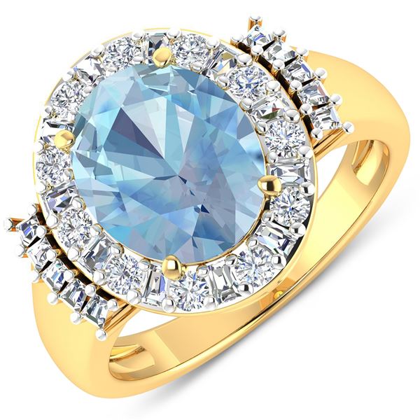 14KT Yellow Gold 2.9ct Aquamarine and Diamond Ring
