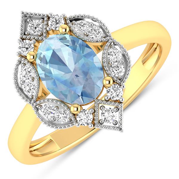 14KT Yellow Gold 0.96ctw Aquamarine and Diamond Ring