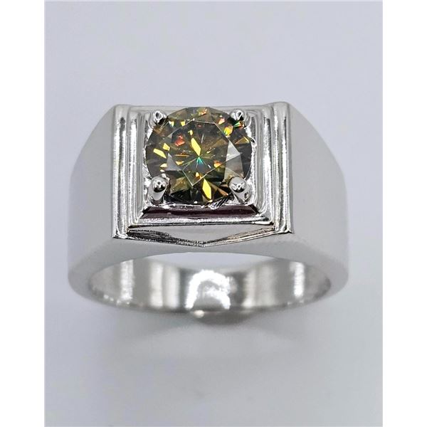 14 Kt White Gold Plate 2.35 Ct Amber Green Fire Moissanite Ring