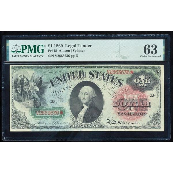 1869 $1 Rainbow Legal Tender Note PMG 63