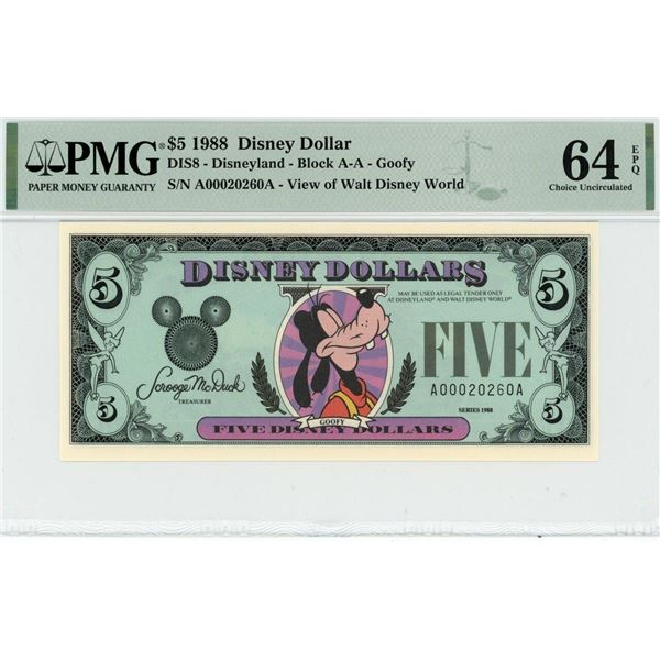 1988 $5 Goofy Disney Dollar PMG 64EPQ