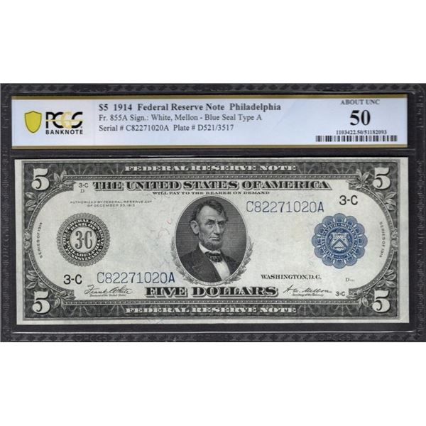 1914 $5 Philadelphia FRN PCGS 50