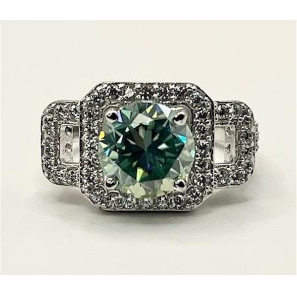 14 K White Gold Plate Dazzling 3.65 Ct Paraiba Green  Fire Moissanite Ring