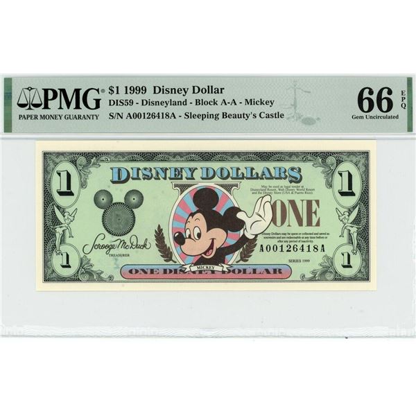 1999 $1 Mickey Disney Dollar PMG 66EPQ