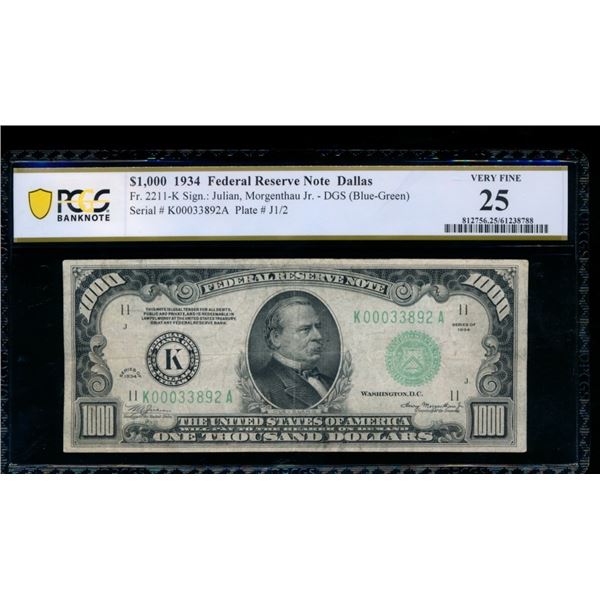 1934 $1000 Dallas FRN PCGS 25