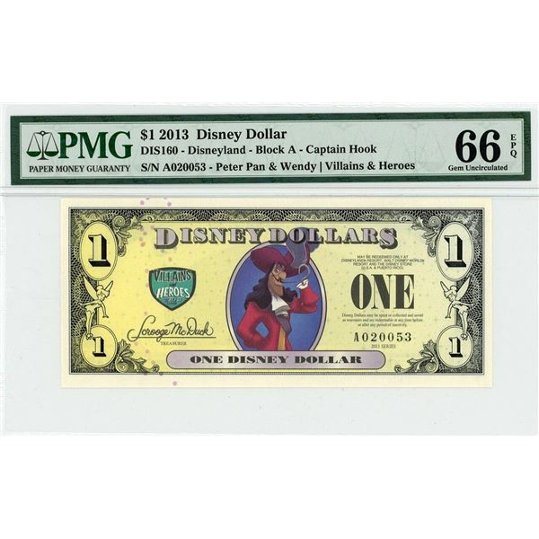 2013 $1 Captain Hook Disney Dollar PMG 66EPQ