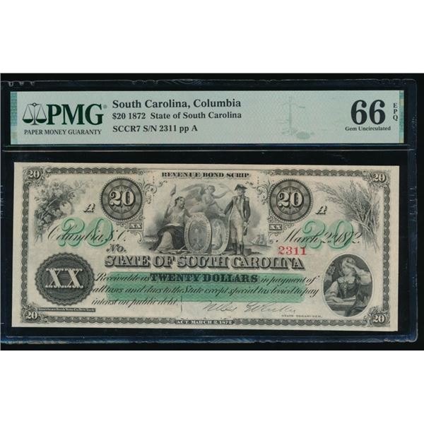 1872 $20 Columbia SC Obsolete PMG 66EPQ