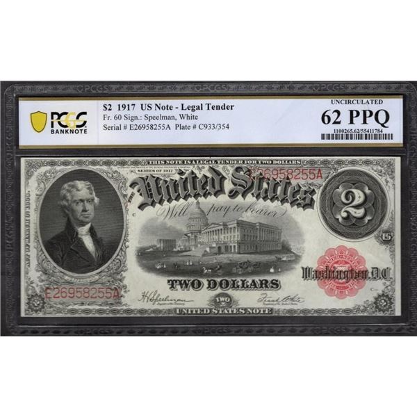 1917 $2 Legal Tender Note PCGS 62PPQ