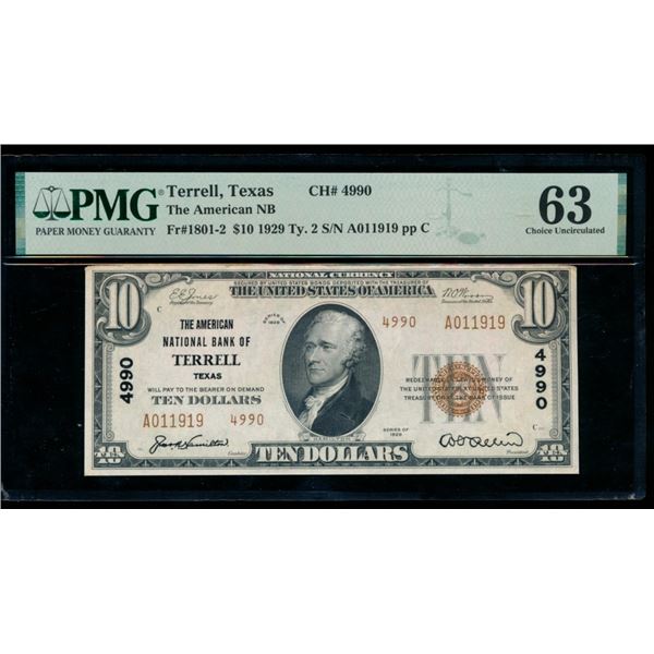 1929 $10 Terrell TX National PMG 63