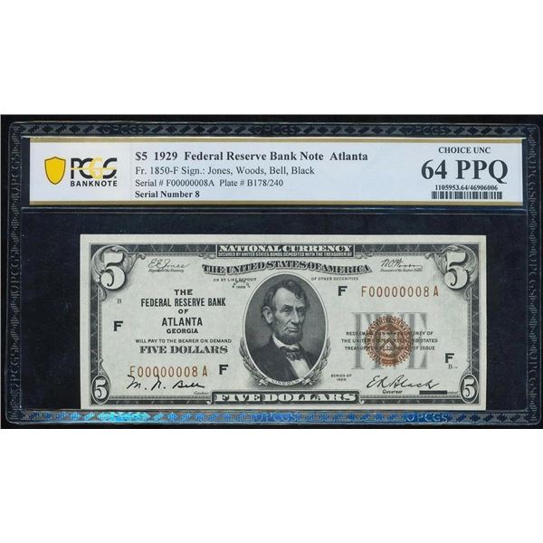 1929 $5 Serial 8 Atlanta FRBN PCGS 64PPQ