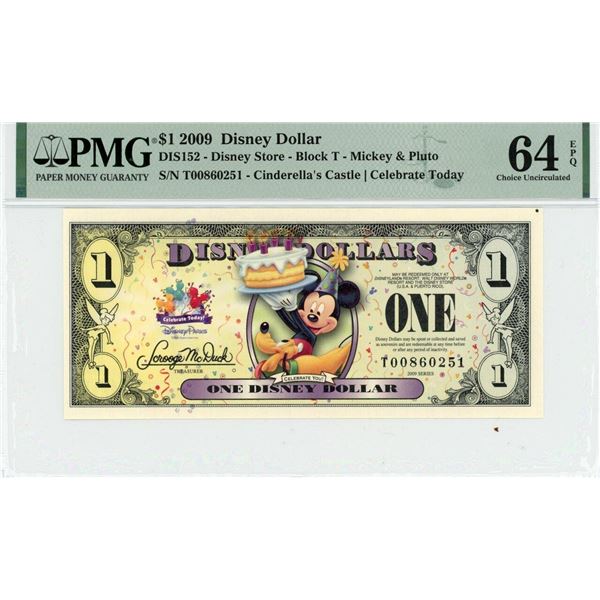 2009 $1 Mickey and Pluto Disney Dollar PMG 64EPQ