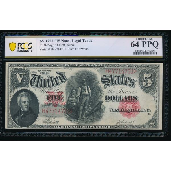 1907 $5 Legal Tender Note PCGS 64PPQ