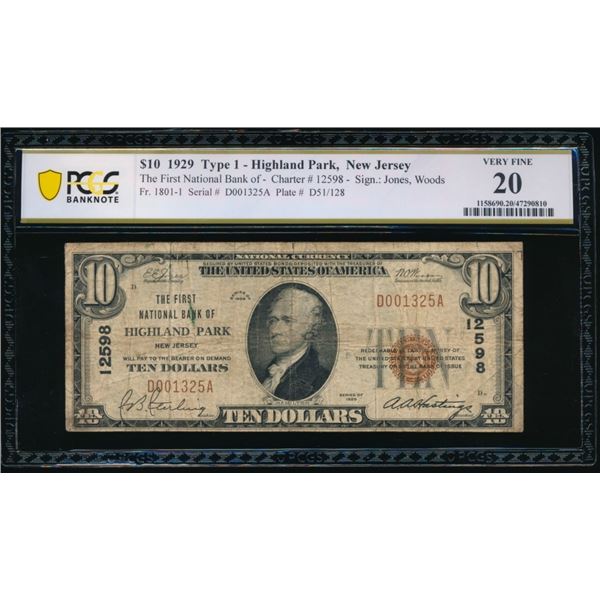 1929 $10 Highland Park NJ National PCGS 20