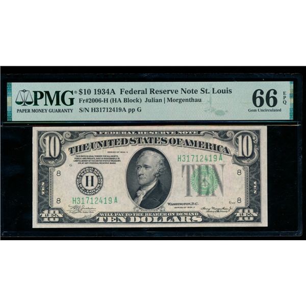 1934A $10 St Louis FRN PMG 66EPQ