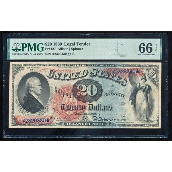 1869 $20 Rainbow Legal Tender Note PMG 66EPQ