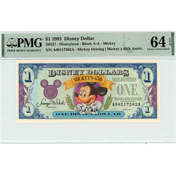 1993 $1 Mickey 65th Anniversary Disney Dollar PMG 64EPQ