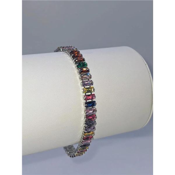 14KT White Gold-Plated Mixed Color Simulated Sapphire Bracelet